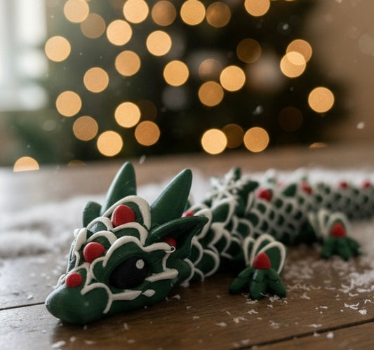 12 inch gingerbread themed 3D printed articulated dragon in green