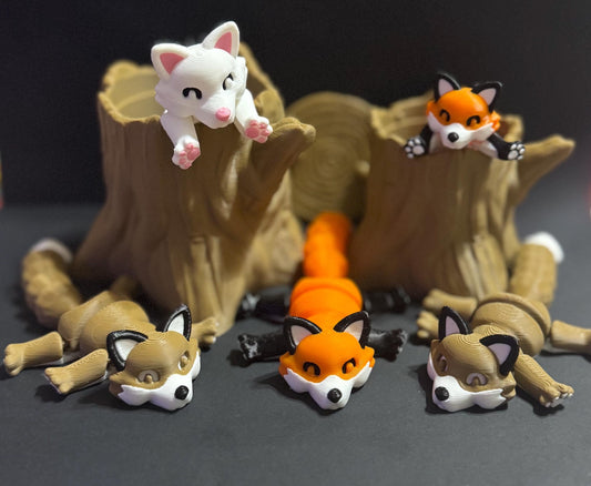 3D-Printed Fox with Tree stump - Trash Can - 3D Printed Articulated Fox – Trash fox Fidget-Friendly – Perfect Gift! - KV3D Designs
